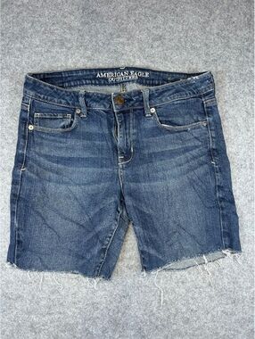 American Eagle Denim Shorts Women Size 10 Skinny Fit Distressed Hem Mid Length